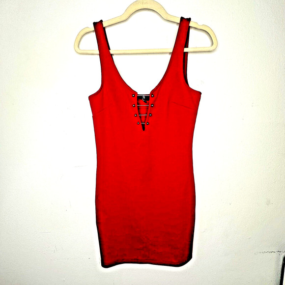 G by Guess Red Bodycon Silver Embellished V-Neck Sleeveless Mini Dress Small - Picture 2 of 14